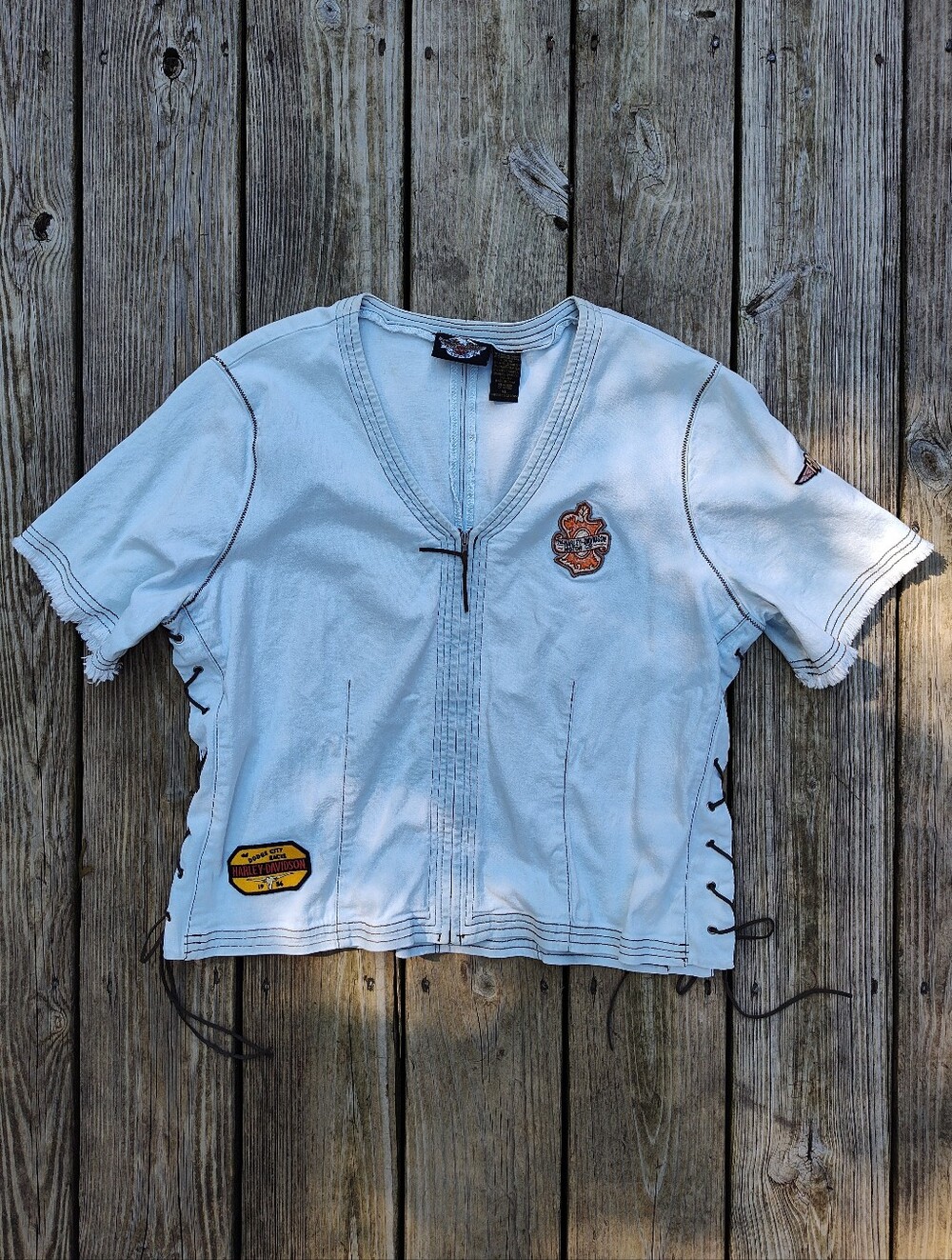 Harley Davidson XL Light Wash Denim Short Sleeve Shirt Patches Zip Lace Up '03
